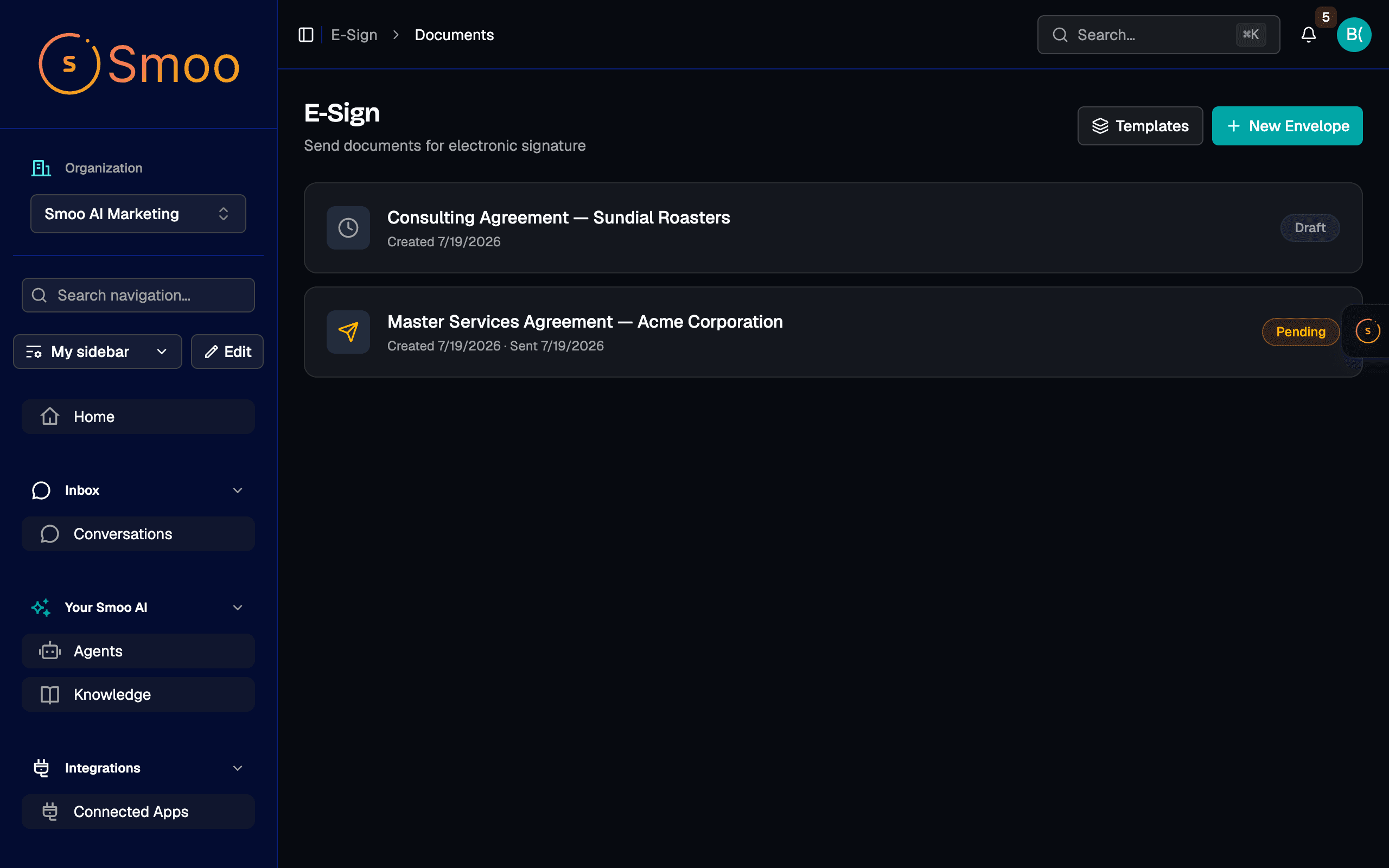 Envelopes — every document and its status